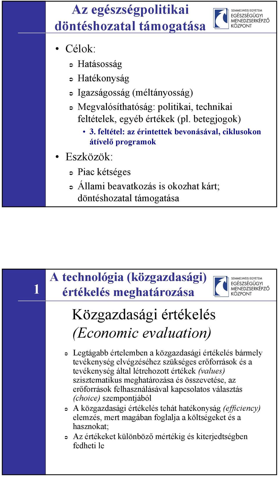 meghatározása Közgazdasági értékelés (Economic evaluation) Legtágabb értelemben a közgazdasági értékelés bármely tevékenység elvégzéséhez szükséges erőforrások és a tevékenység által létrehozott