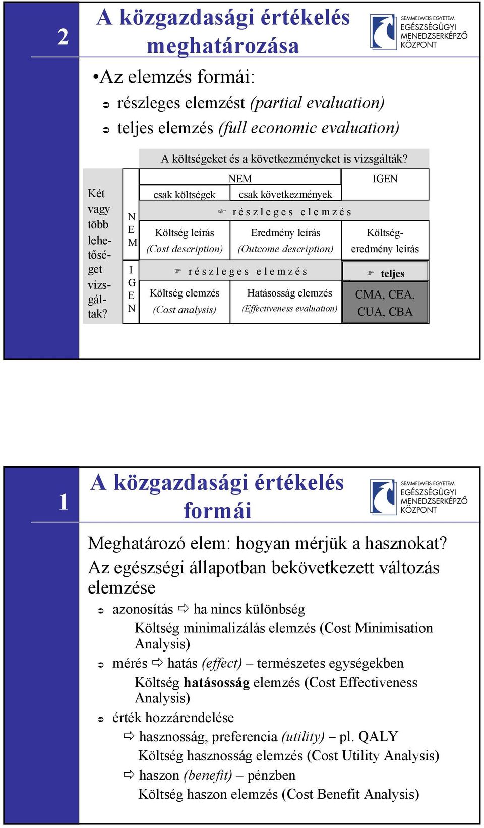 csak költségek Költség leírás (Cost description) NEM csak következmények r é s z l e g e s e l e m z é s Eredmény leírás (Outcome description) r é s z l e g e s e l e m z é s Költség elemzés (Cost