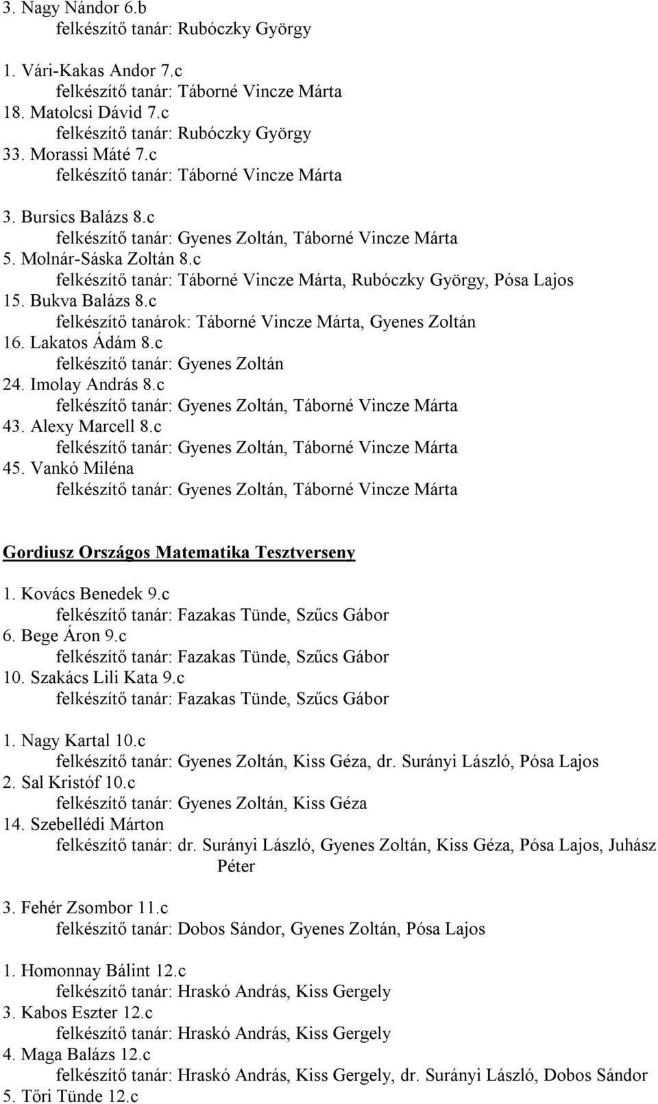 c felkészítő tanár: Táborné Vincze Márta, Rubóczky György, Pósa Lajos 15. Bukva Balázs 8.c felkészítő tanárok: Táborné Vincze Márta, Gyenes Zoltán 16. Lakatos Ádám 8.