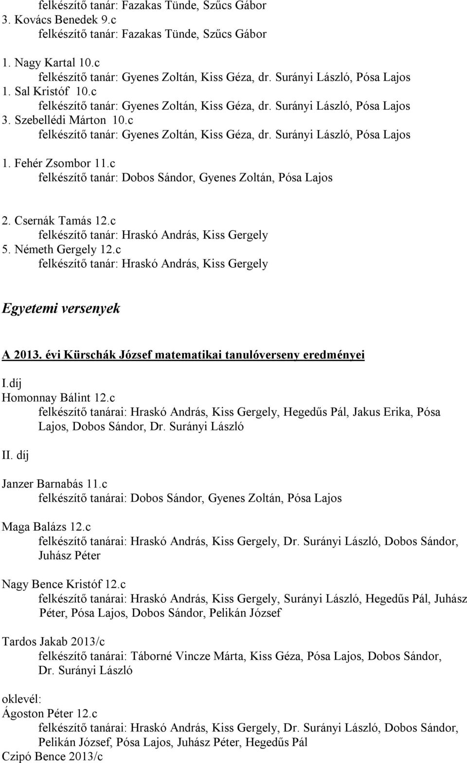 Fehér Zsombor 11.c felkészítő tanár: Dobos Sándor, Gyenes Zoltán, Pósa Lajos 2. Csernák Tamás 12.c felkészítő tanár: Hraskó András, Kiss Gergely 5. Németh Gergely 12.