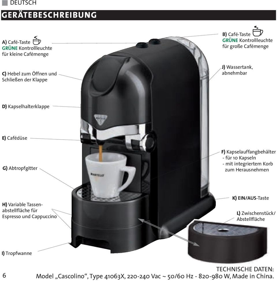 Kapselauffangbehälter - für 10 Kapseln - mit integriertem Korb zum Herausnehmen H) Variable Tassenabstellfläche für Espresso und Cappuccino K)