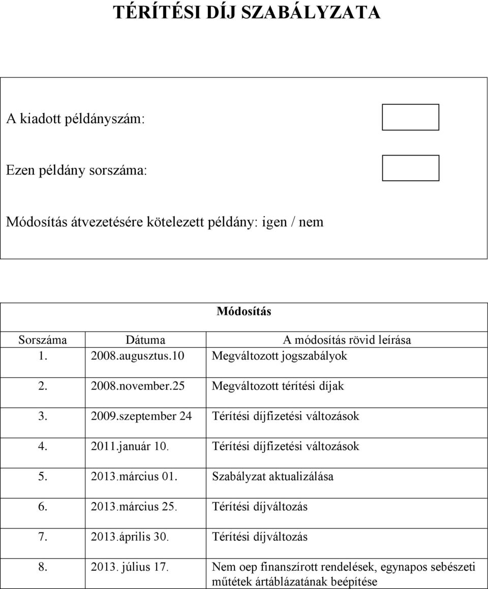 szeptember 24 Térítési díjfizetési változások 4. 2011.január 10. Térítési díjfizetési változások 5. 2013.március 01. Szabályzat aktualizálása 6. 2013.március 25.