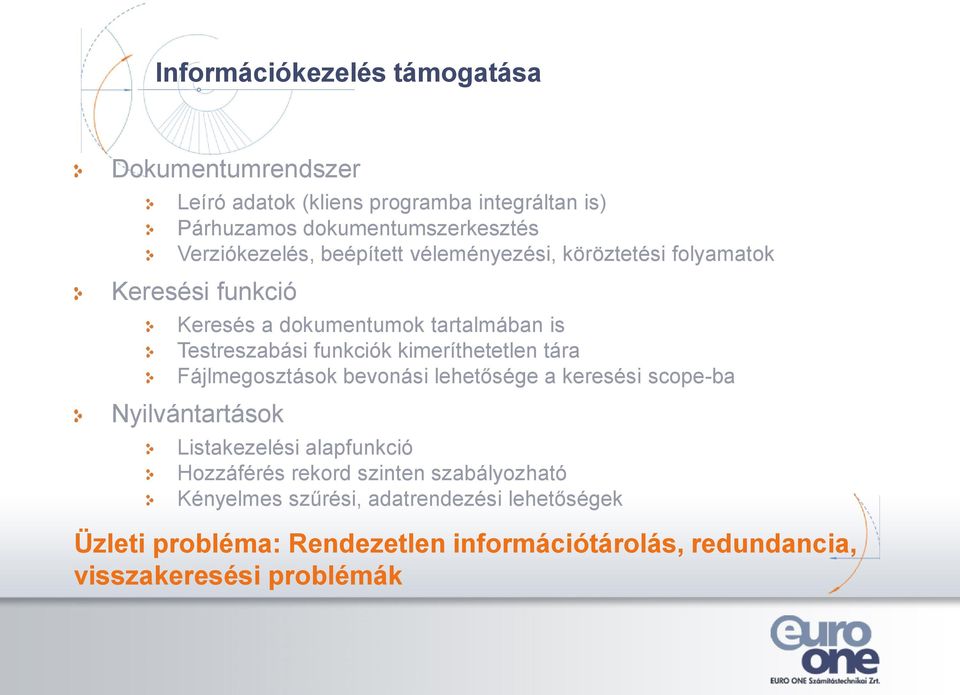 funkciók kimeríthetetlen tára Fájlmegosztások bevonási lehetősége a keresési scope-ba Nyilvántartások Listakezelési alapfunkció Hozzáférés