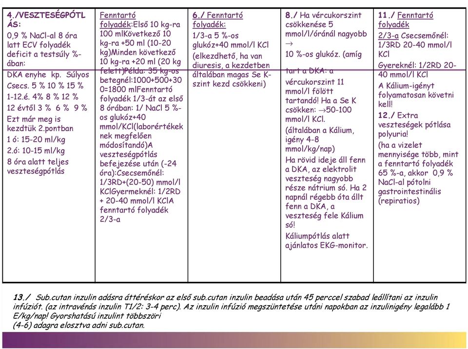 ó: 10-15 ml/kg 8 óra alatt teljes veszteségpótlás Fenntartó folyadék:első 10 kg-ra 100 mlkövetkező 10 kg-ra +50 ml (10-20 kg)minden következő 10 kg-ra +20 ml (20 kg felett)példa: 35 kg-os