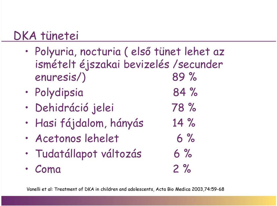 fájdalom, hányás 14 % Acetonos lehelet 6 % Tudatállapot változás 6 % Coma 2 %