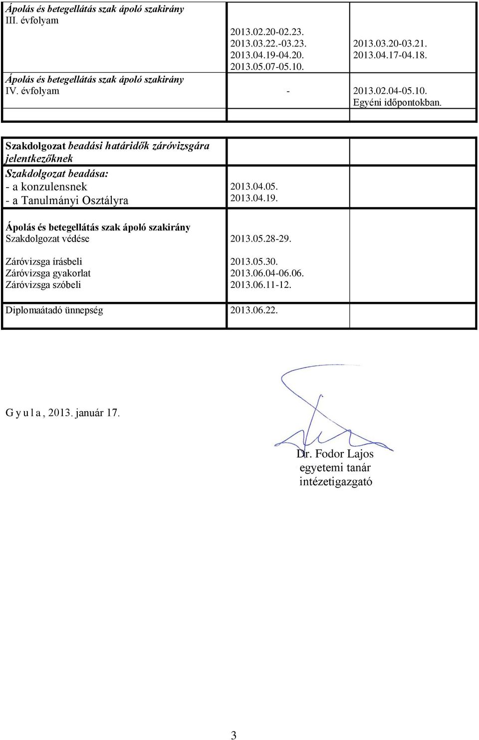 Szakdolgozat beadási határidők záróvizsgára jelentkezőknek Szakdolgozat beadása: - a konzulensnek - a Tanulmányi Osztályra Ápolás és betegellátás szak ápoló szakirány