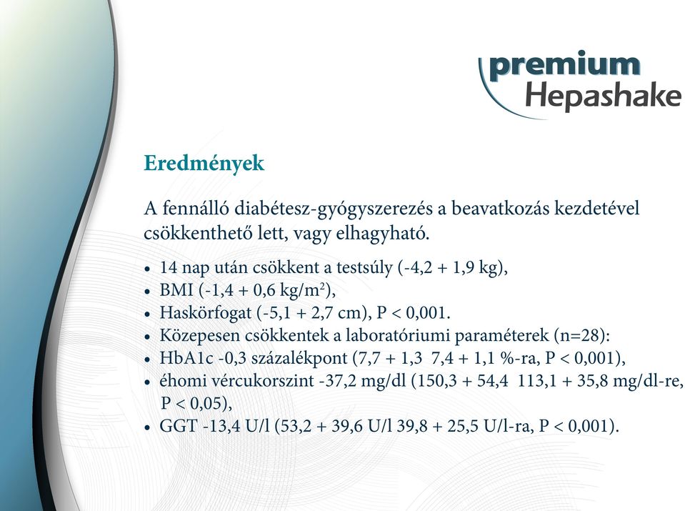 Közepesen csökkentek a laboratóriumi paraméterek (n=28): HbA1c -0,3 százalékpont (7,7 + 1,3 7,4 + 1,1 %-ra, P < 0,001),