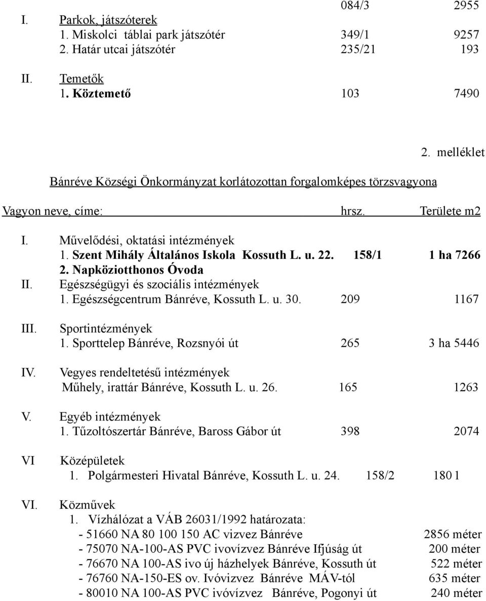 Szent Mihály Általános Iskola Kossuth L. u. 22. 158/1 2. Napköziotthonos Óvoda Egészségügyi és szociális intézmények 1. Egészségcentrum Bánréve, Kossuth L. u. 30.