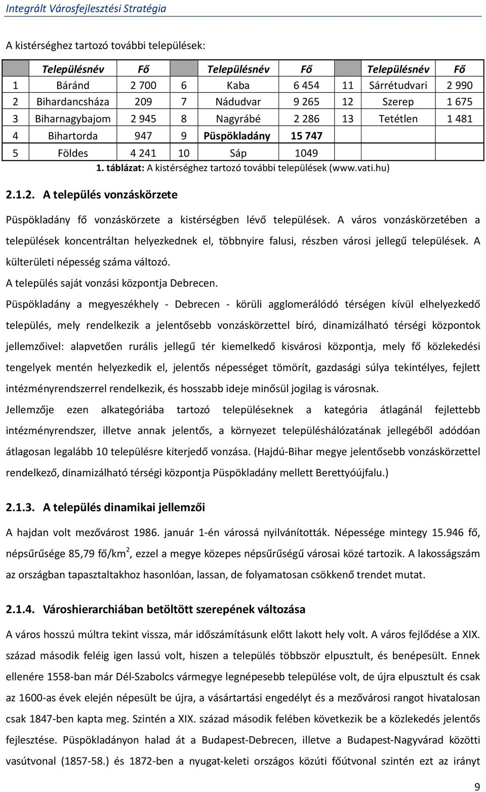 A város vonzáskörzetében a települések koncentráltan helyezkednek el, többnyire falusi, részben városi jellegű települések. A külterületi népesség száma változó.