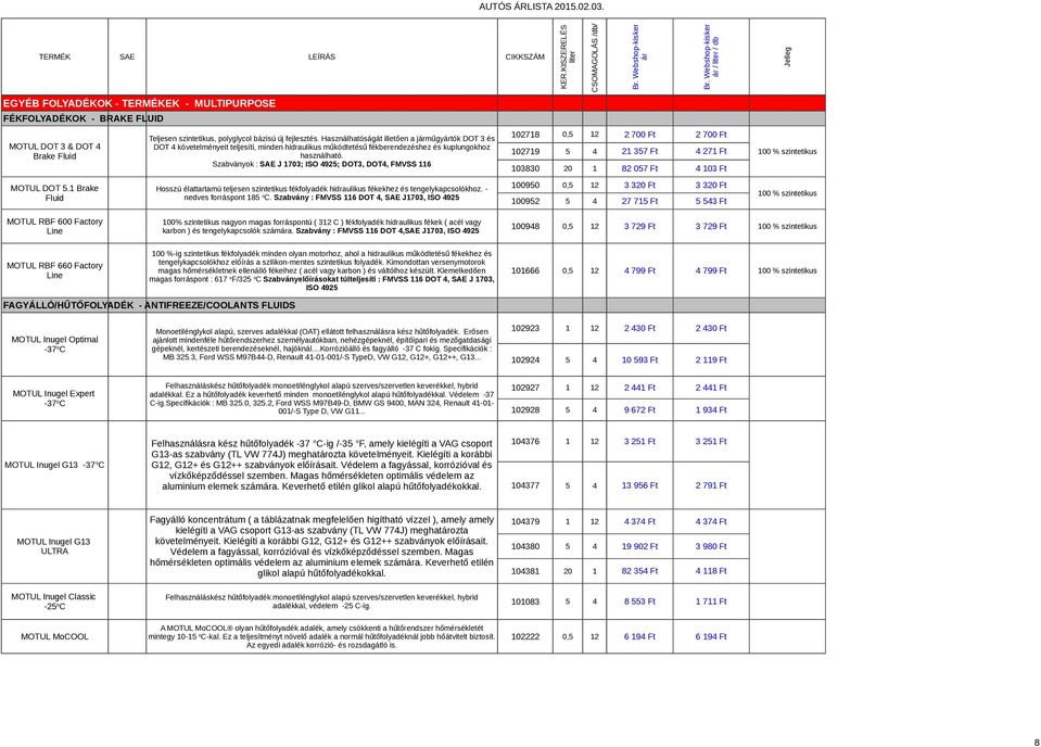 Szabványok : SAE J 1703; ISO 4925; DOT3, DOT4, FMVSS 116 Hosszú élattartamú teljesen szintetikus fékfolyadék hidraulikus fékekhez és tengelykapcsolókhoz. - nedves forráspont 185 o C.