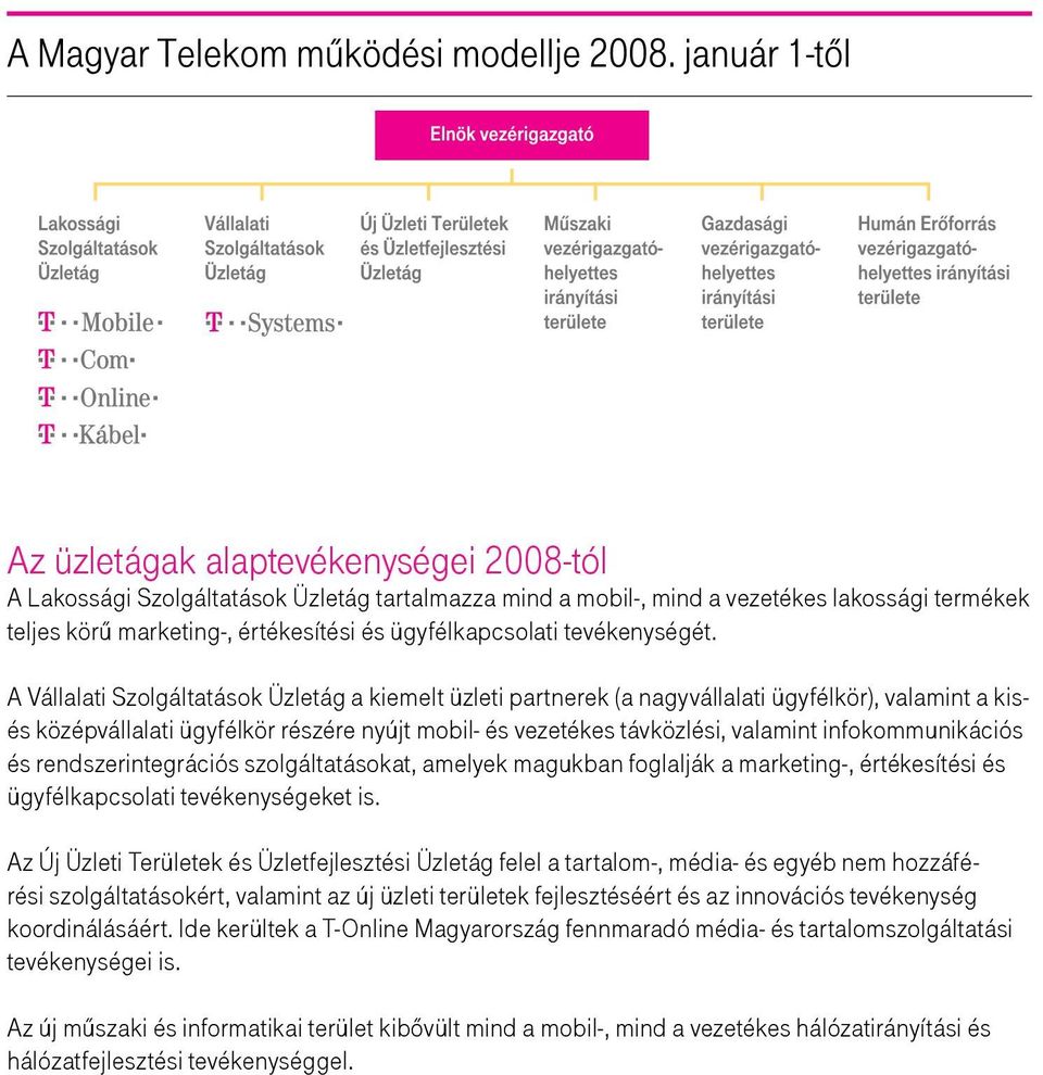 A Vállalati Szolgáltatások Üzletág a kiemelt üzleti partnerek (a nagyvállalati ügyfélkör), valamint a kisés középvállalati ügyfélkör részére nyújt mobil- és vezetékes távközlési, valamint