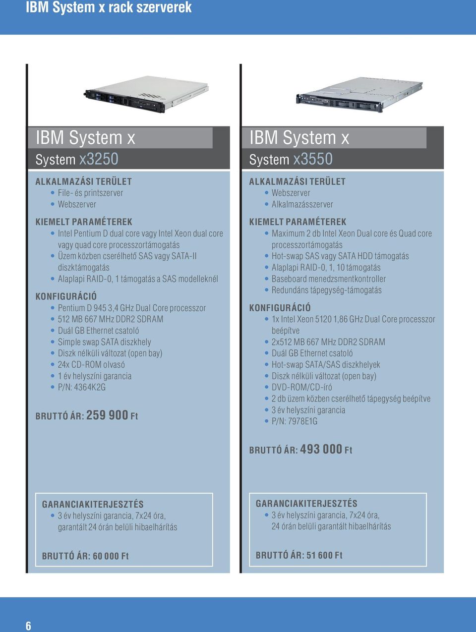 SDRAM Duál GB Ethernet csatoló Simple swap SATA diszkhely 24x CD-ROM olvasó 1 év helyszíni garancia P/N: 4364K2G BRUTTÓ ÁR: 259 900 Ft IBM System x System x3550 ALKALMAZÁSI TERÜLET Webszerver