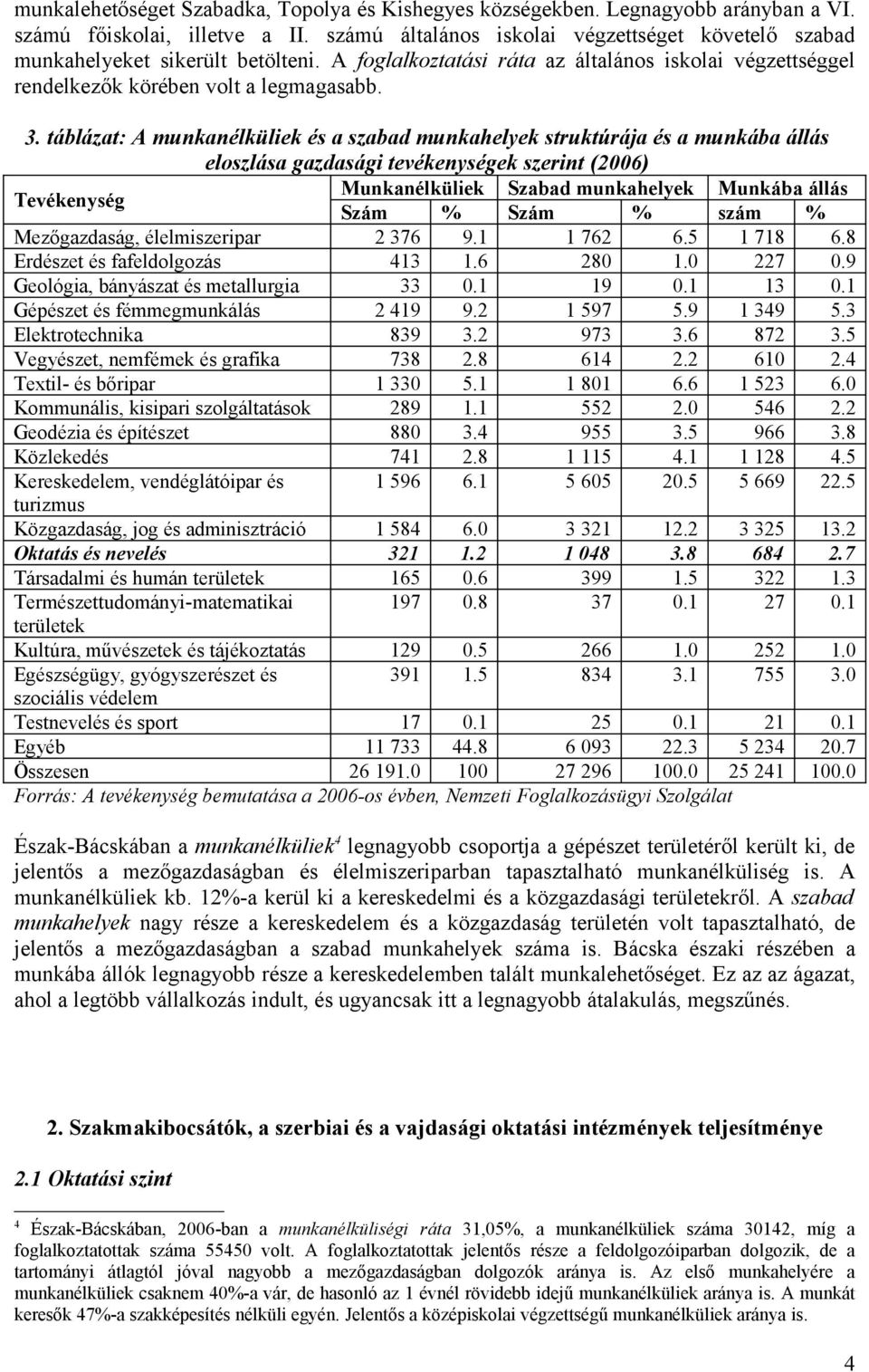 táblázat: A munkanélküliek és a szabad munkahelyek struktúrája és a munkába állás eloszlása gazdasági tevékenységek szerint (2006) Tevékenység Munkanélküliek Szabad munkahelyek Munkába állás Szám %