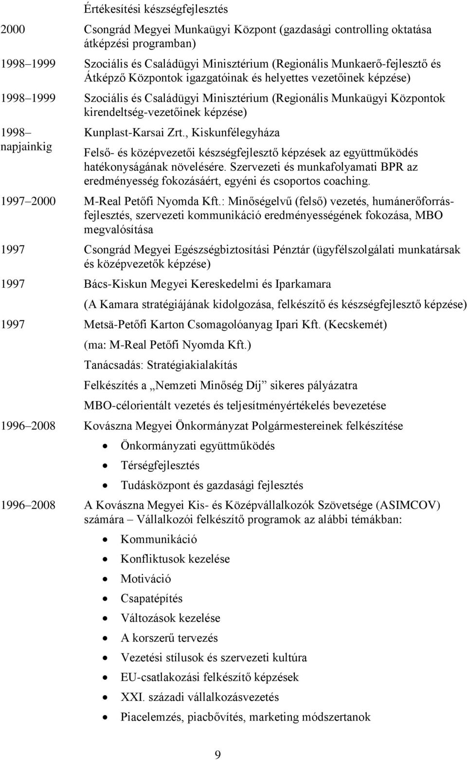 1998 Kunplast-Karsai Zrt., Kiskunfélegyháza Felső- és középvezetői készségfejlesztő képzések az együttműködés hatékonyságának növelésére.
