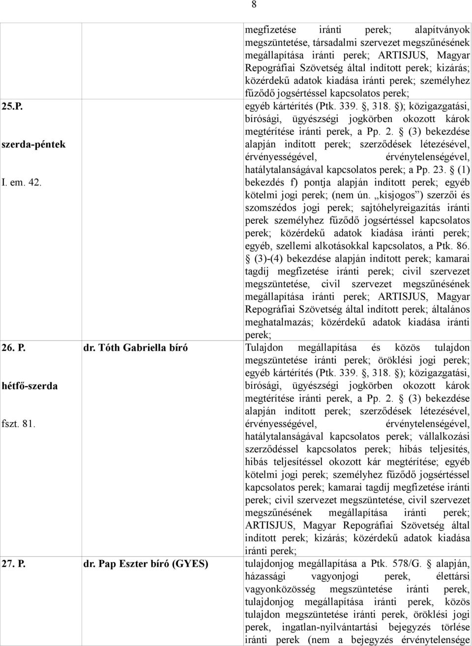 adatok kiadása iránti személyhez fűződő jogsértéssel kapcsolatos egyéb kártérítés (Ptk. 339., 318. ); közigazgatási, alapján indított szerződések létezésével, hatálytalanságával kapcsolatos a Pp. 23.