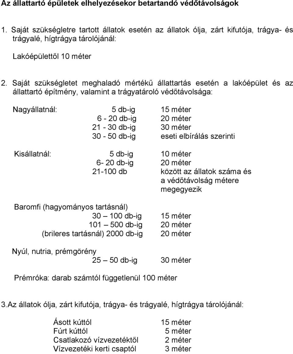 Saját szükségletet meghaladó mértékű állattartás esetén a lakóépület és az állattartó építmény, valamint a trágyatároló védőtávolsága: Nagyállatnál: 5 db-ig 15 méter 6-20 db-ig 20 méter 21-30 db-ig