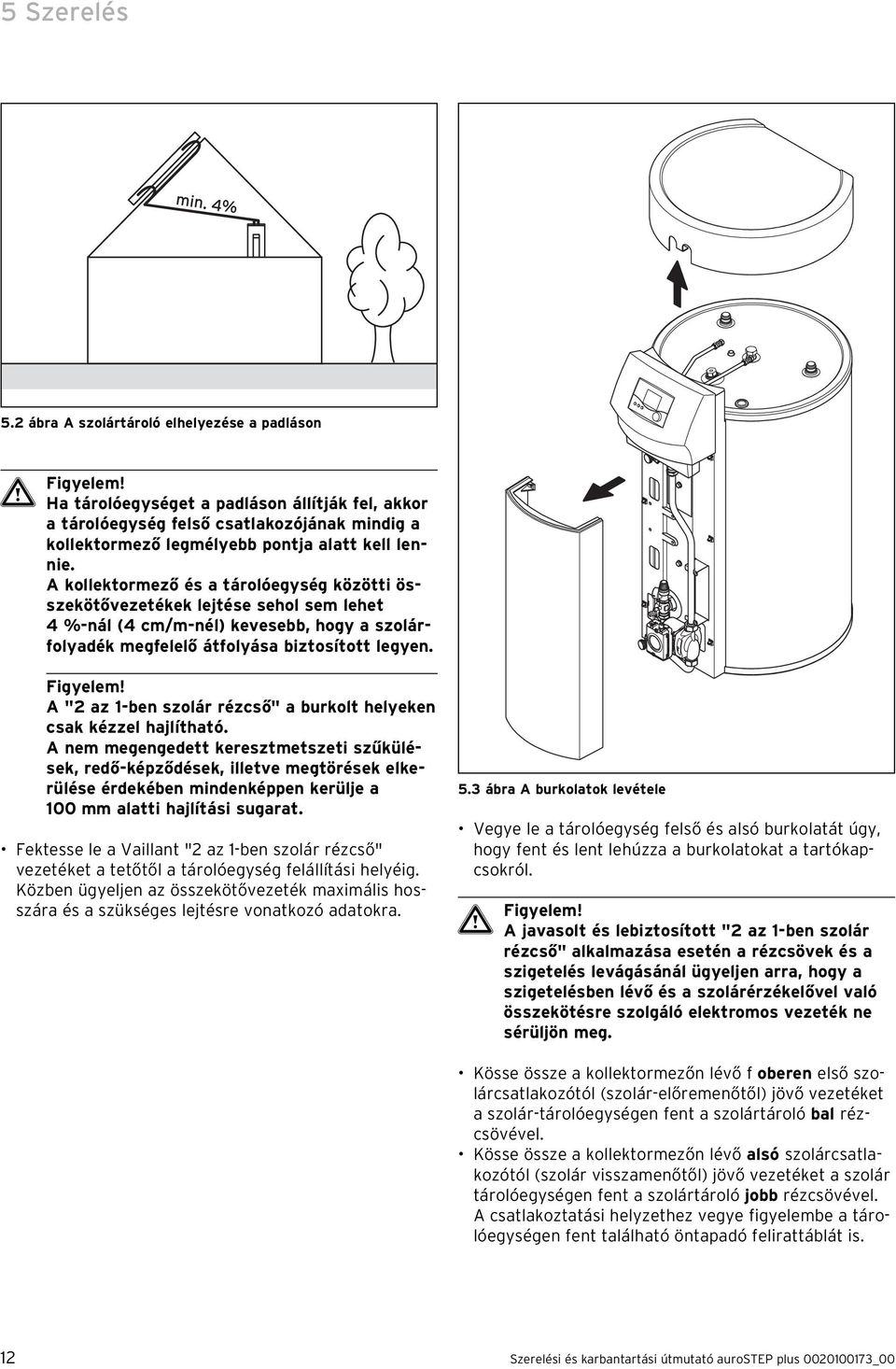 A kollektormező és a tárolóegység közötti összekötővezetékek lejtése sehol sem lehet 4 %-nál (4 cm/m-nél) kevesebb, hogy a szolárfolyadék megfelelő átfolyása biztosított legyen. Figyelem!