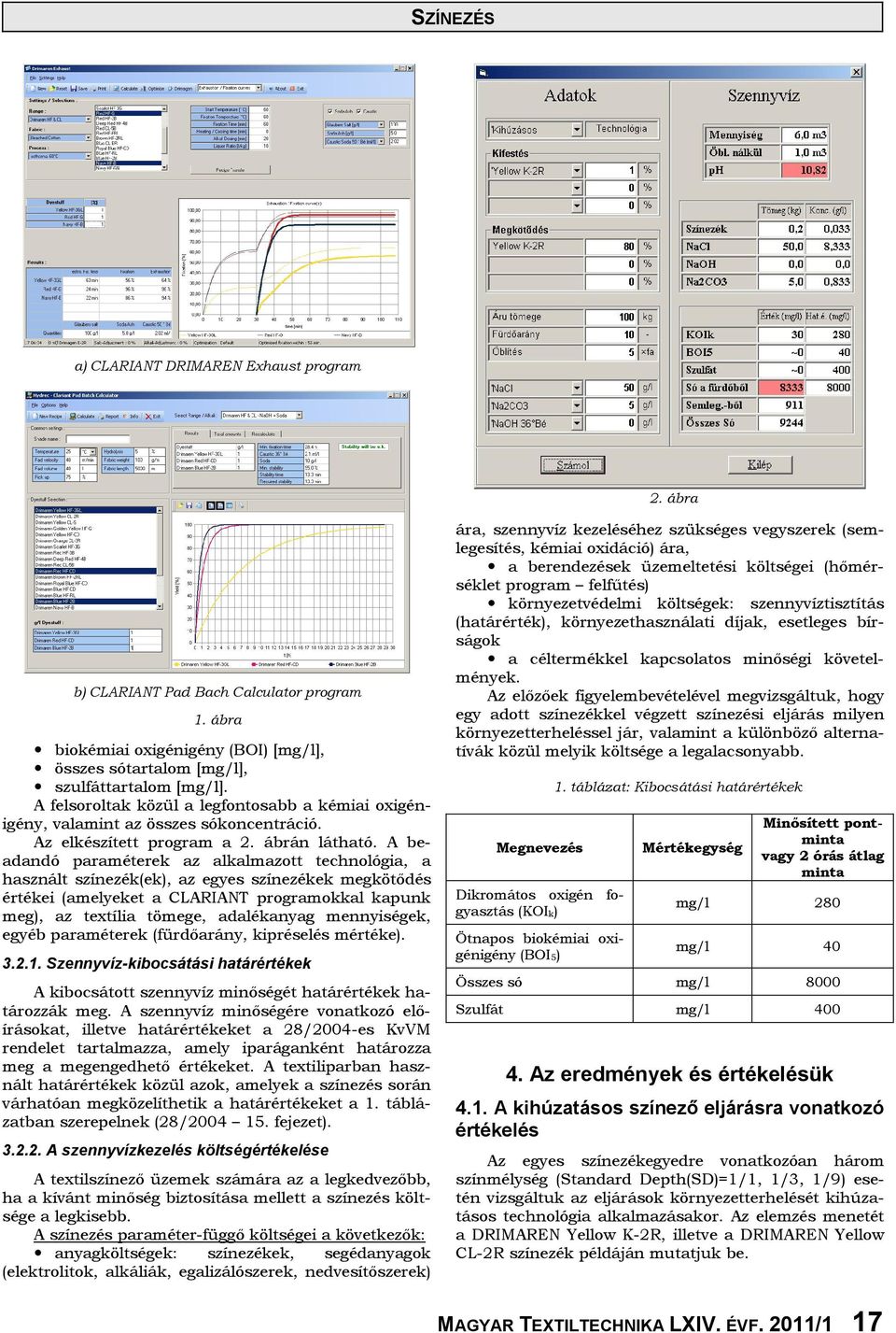 A beadandó paraméterek az alkalmazott technológia, a használt színezék(ek), az egyes színezékek megkötıdés értékei (amelyeket a CLARIANT programokkal kapunk meg), az textília tömege, adalékanyag