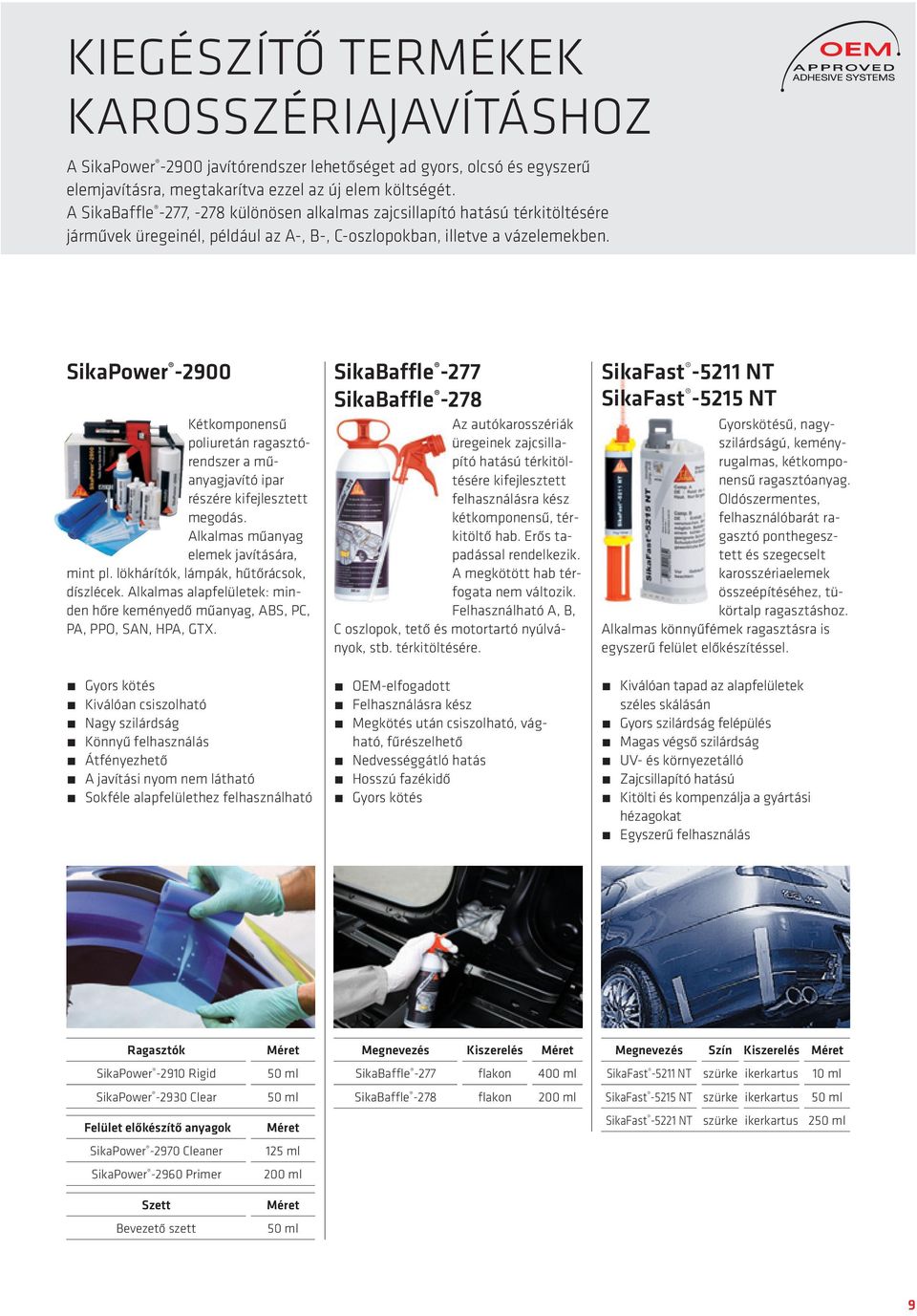 SikaPower -2900 SikaBaffle -277 SikaBaffle -278 Kétkomponensű poliuretán ragasztórendszer a műanyagjavító ipar részére kifejlesztett megodás. Alkalmas műanyag elemek javítására, mint pl.