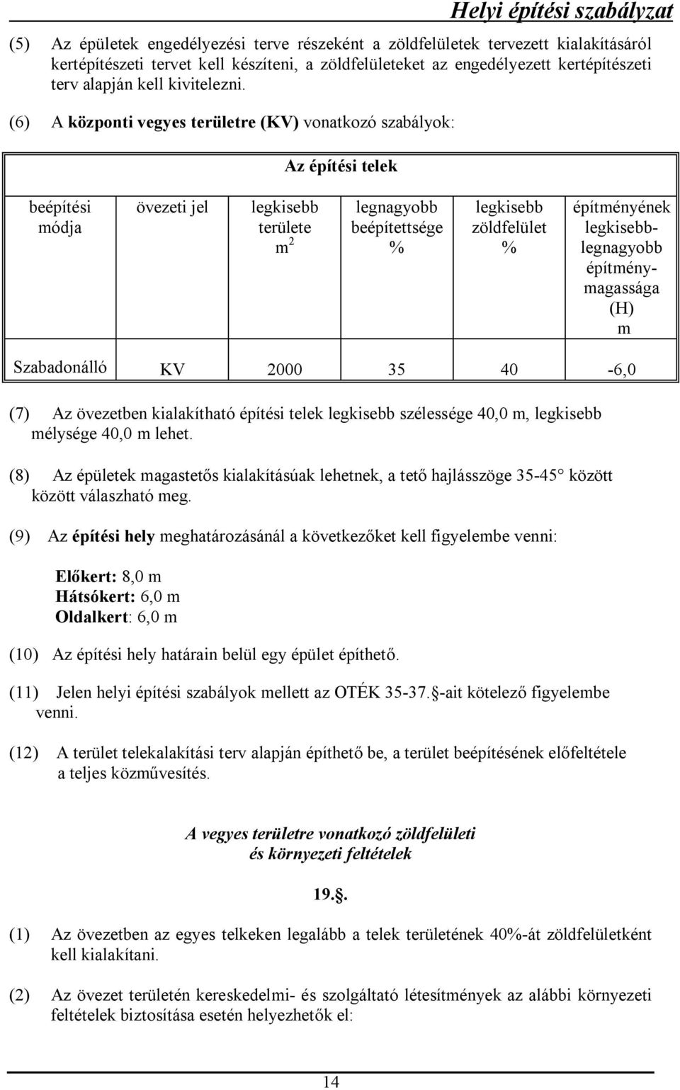 (6) A központi vegyes területre (KV) vonatkozó szabályok: Az építési telek beépítési módja övezeti jel területe m 2 legnagyobb beépítettsége zöldfelület építményének legnagyobb építménymagassága (H)