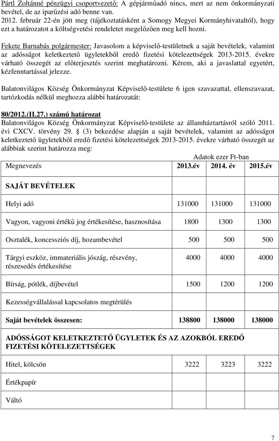 Fekete Barnabás polgármester: Javasolom a képviselő-testületnek a saját bevételek, valamint az adósságot keletkeztető ügyletekből eredő fizetési kötelezettségek 2013-2015.