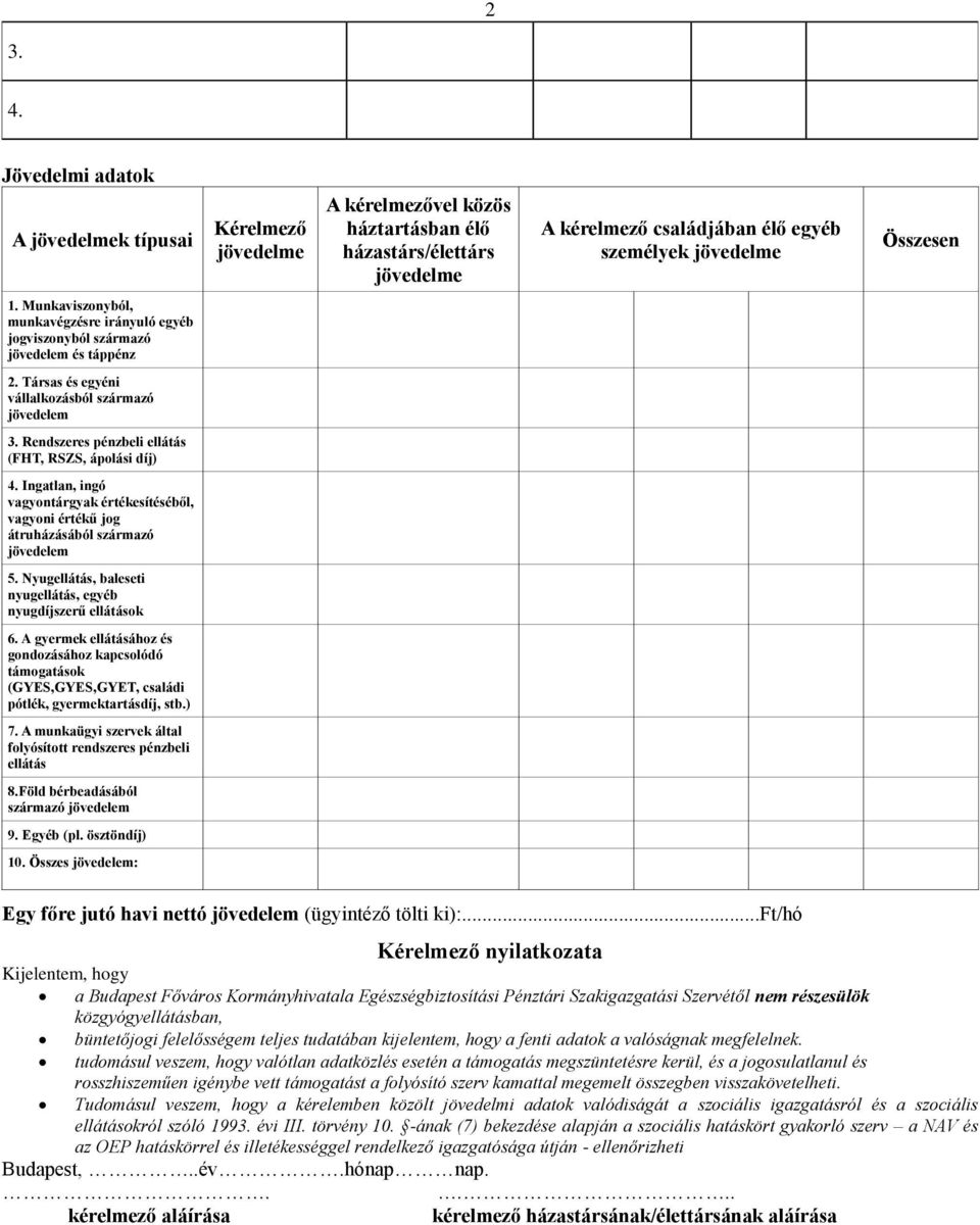 Rendszeres pénzbeli ellátás (FHT, RSZS, ápolási díj) 4. Ingatlan, ingó vagyontárgyak értékesítéséből, vagyoni értékű jog átruházásából származó jövedelem 5.