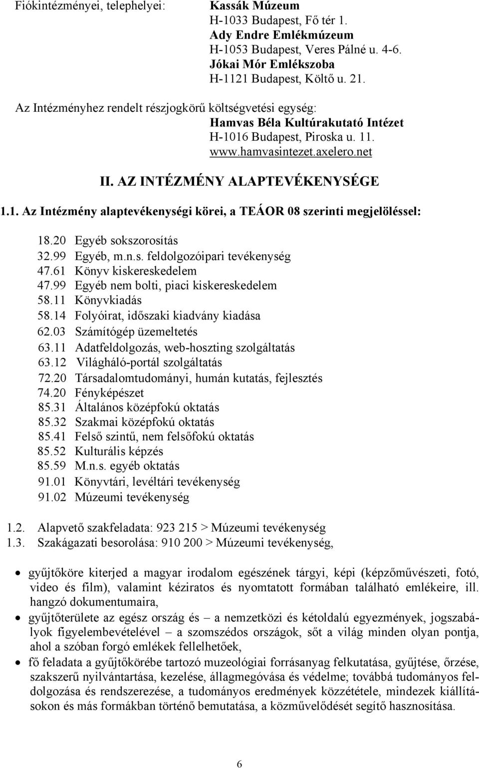 20 Egyéb sokszorosítás 32.99 Egyéb, m.n.s. feldolgozóipari tevékenység 47.61 Könyv kiskereskedelem 47.99 Egyéb nem bolti, piaci kiskereskedelem 58.11 Könyvkiadás 58.