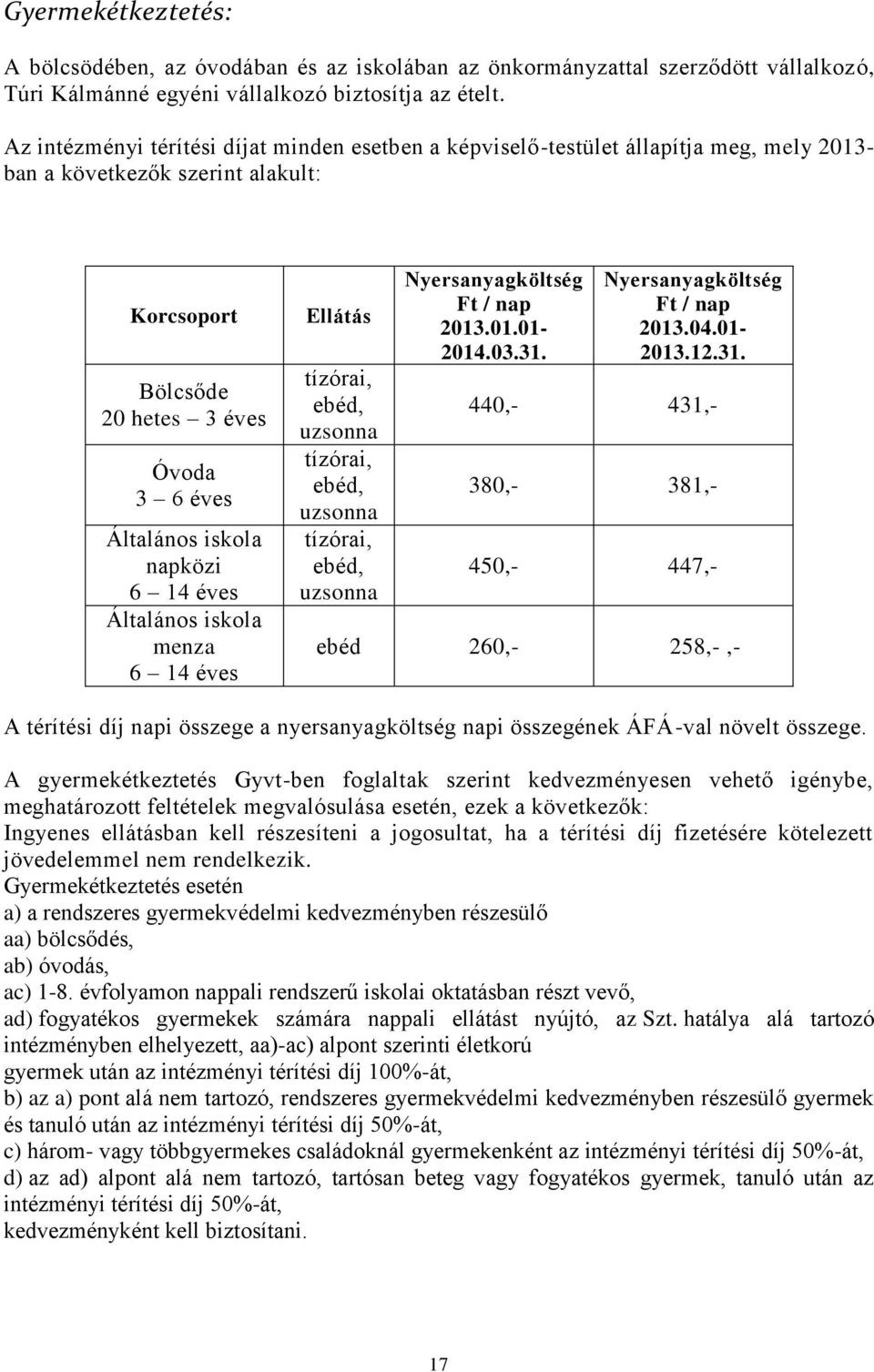 napközi 6 14 éves Általános iskola menza 6 14 éves Ellátás tízórai, ebéd, uzsonna tízórai, ebéd, uzsonna tízórai, ebéd, uzsonna Nyersanyagköltség Ft / nap 2013.01.01-2014.03.31.