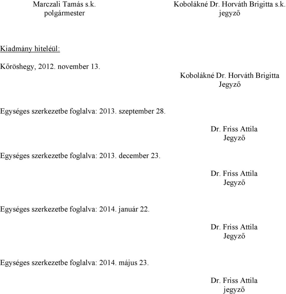 december 23. Dr. Friss Attila Jegyző Egységes szerkezetbe foglalva: 2014. január 22. Dr. Friss Attila Jegyző Egységes szerkezetbe foglalva: 2014. május 23.