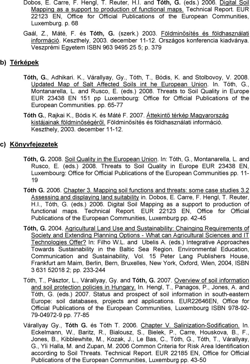 december 11-12. Országos konferencia kiadványa. Veszprémi Egyetem ISBN 963 9495 25 5; p. 379 Tóth, G., Adhikari. K., Várallyay, Gy., Tóth, T., Bódis, K. and Stolbovoy, V. 2008.