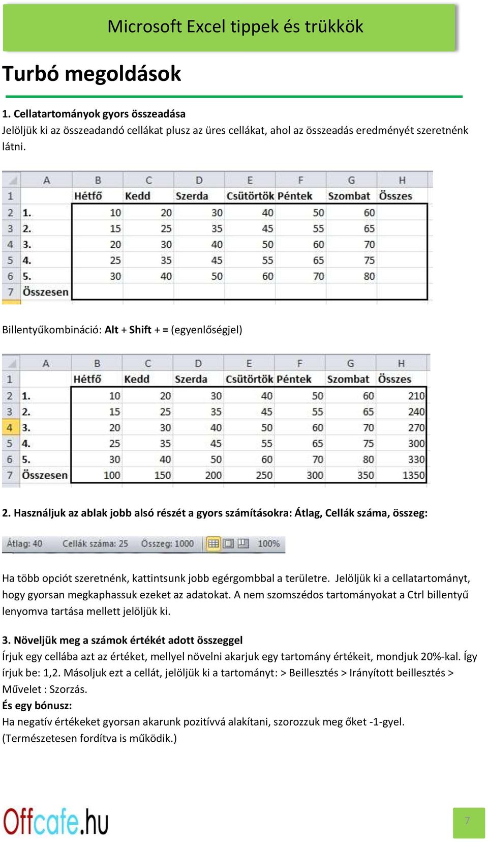 Használjuk az ablak jobb alsó részét a gyors számításokra: Átlag, Cellák száma, összeg: Ha több opciót szeretnénk, kattintsunk jobb egérgombbal a területre.