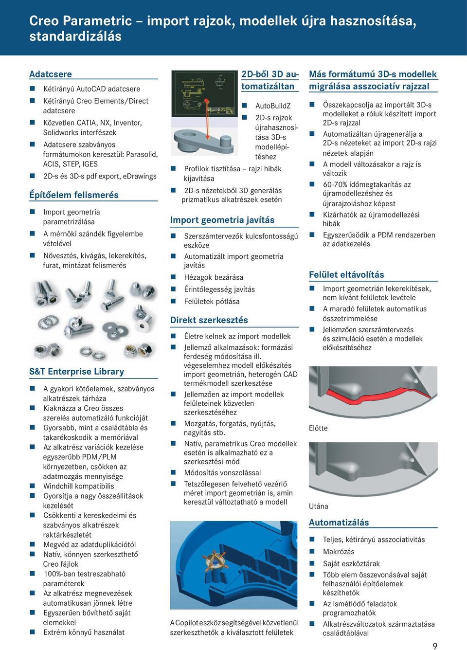 figyelembe vételével Növesztés, kivágás, lekerekítés, furat, mintázat felismerés S&T Enterprise Library A gyakori kötőelemek, szabványos alkatrészek tárháza Kiaknázza a Creo összes szerelés