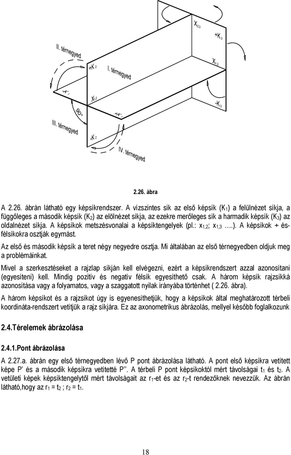 A képsíkok metszésvonalai a képsíktengelyek (pl.: x 1,2 ; x 1,3.). A képsíkok + ésfélsíkokra osztják egymást. Az első és második képsík a teret négy negyedre osztja.