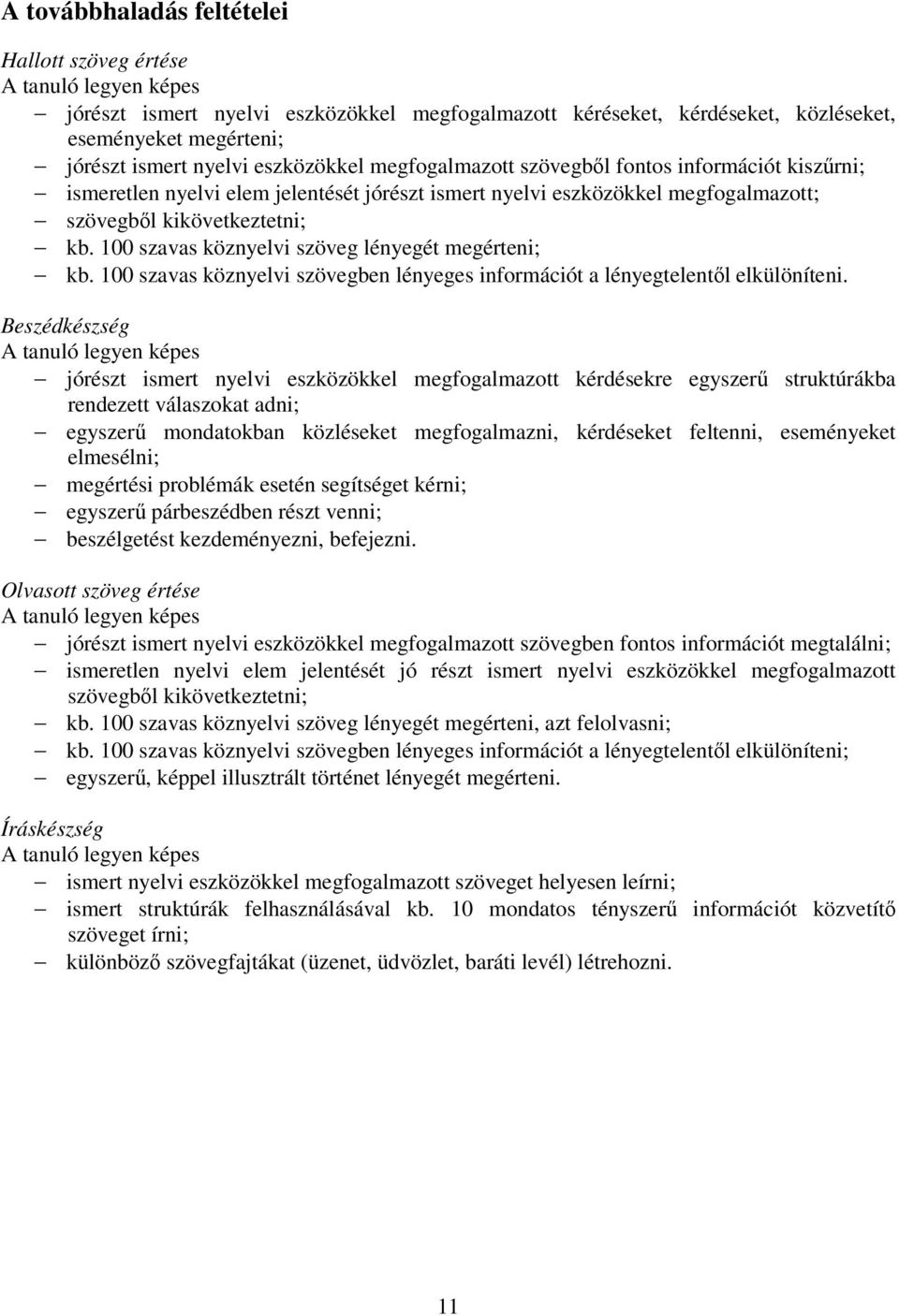 100 szavas köznyelvi szöveg lényegét megérteni; kb. 100 szavas köznyelvi szövegben lényeges információt a lényegtelentől elkülöníteni.