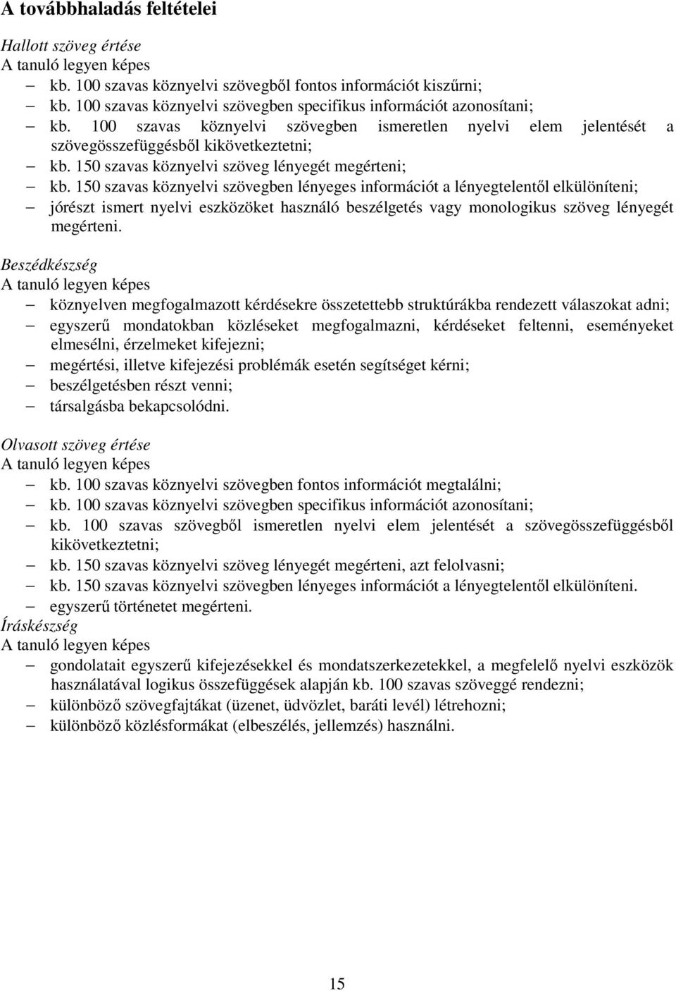 150 szavas köznyelvi szövegben lényeges információt a lényegtelentől elkülöníteni; jórészt ismert nyelvi eszközöket használó beszélgetés vagy monologikus szöveg lényegét megérteni.