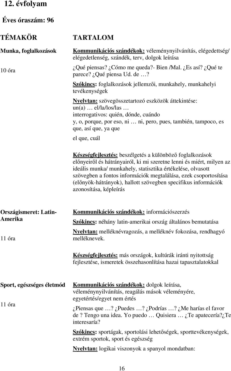 Szókincs: foglalkozások jellemzői, munkahely, munkahelyi tevékenységek Nyelvtan: szövegösszetartozó eszközök áttekintése: un(a) el/la/los/las interrogativos: quién, dónde, cuándo y, o, porque, por