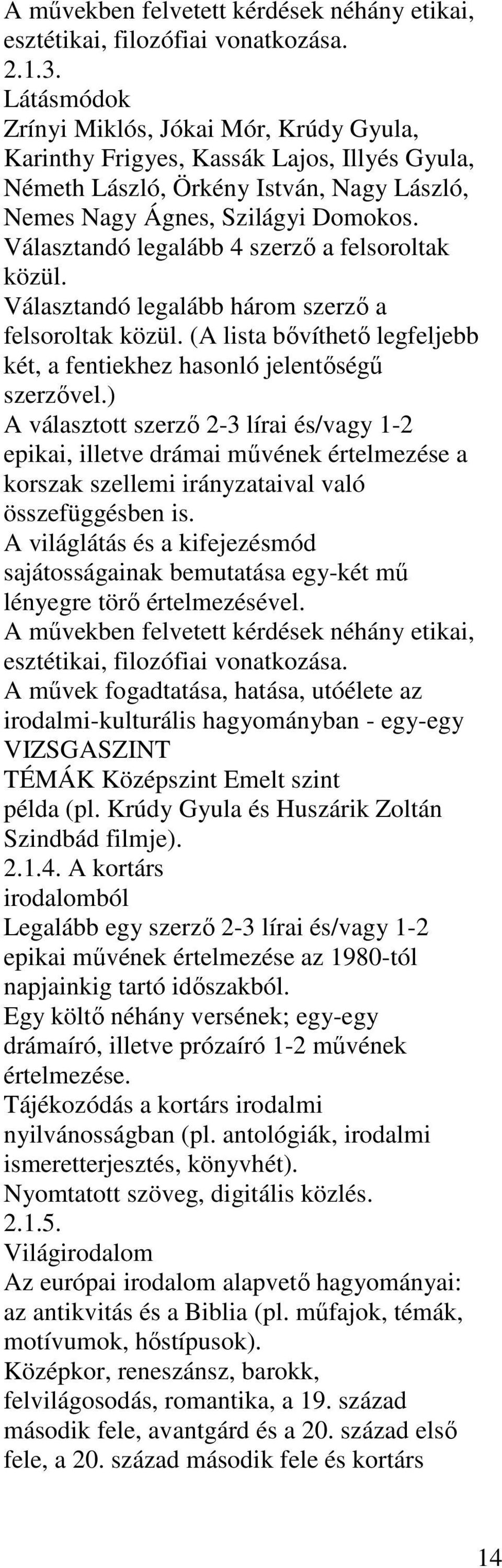 Választandó legalább 4 szerző a felsoroltak közül. Választandó legalább három szerző a felsoroltak közül. (A lista bővíthető legfeljebb két, a fentiekhez hasonló jelentőségű szerzővel.