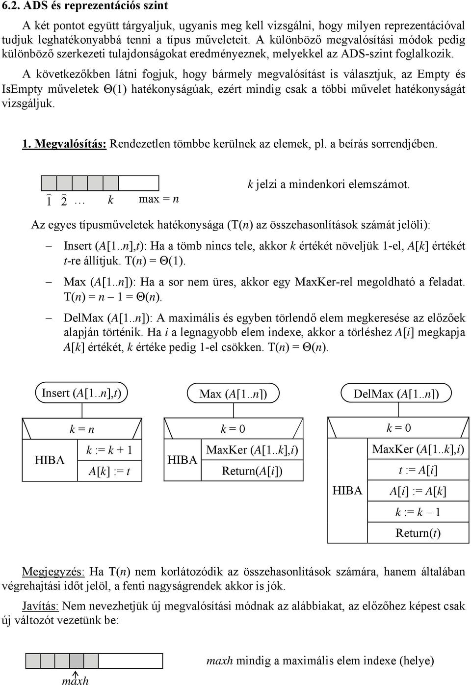 A következőkbe láti fogjuk, hogy bármely megvalósítást is választjuk, az Empty és IsEmpty műveletek Θ() hatékoyságúak, ezért midig csak a többi művelet hatékoyságát vizsgáljuk.