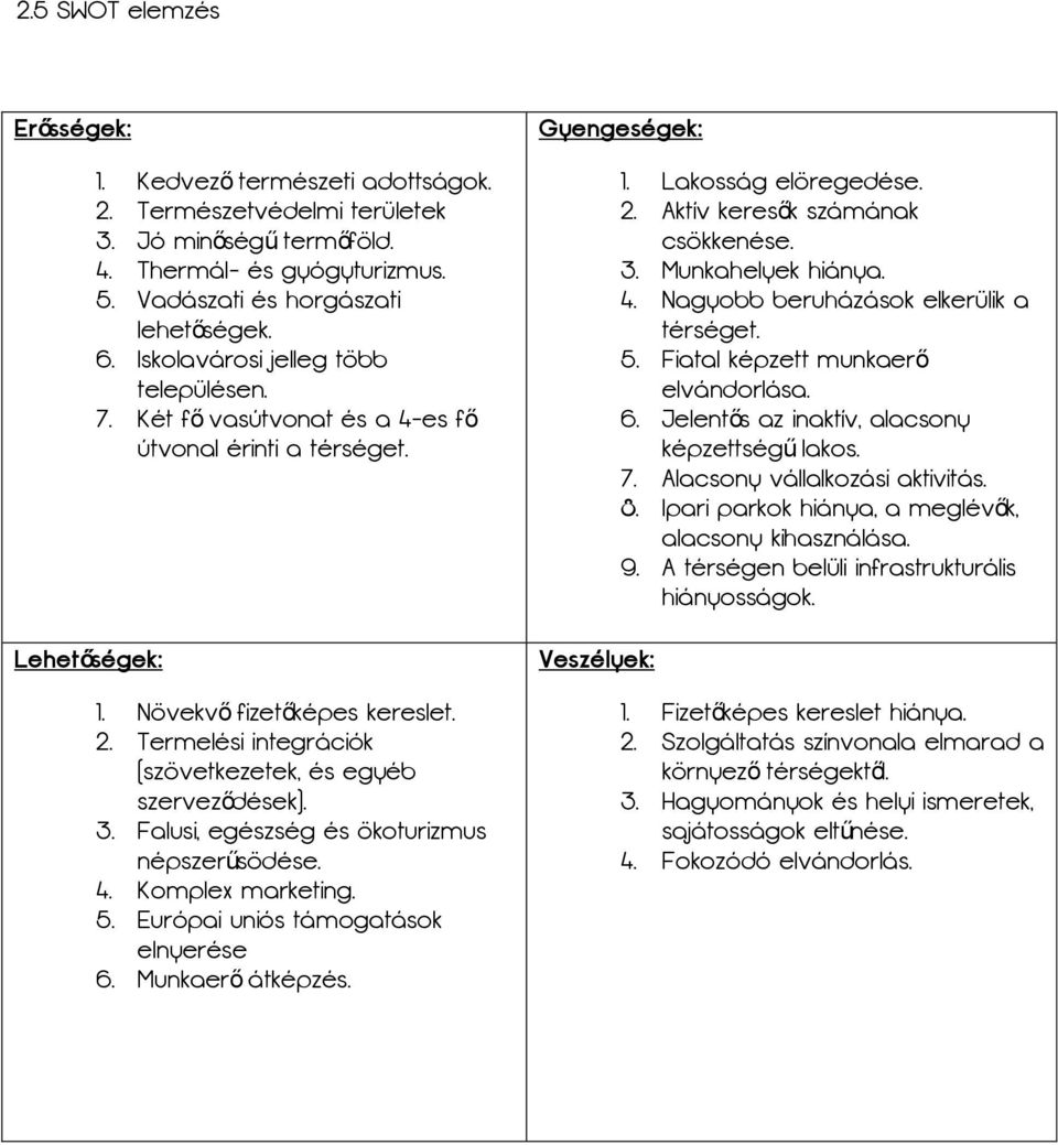 3. Falusi, egészség és ökoturizmus népszerűsödése. 4. Komplex marketing. 5. Európai uniós támogatások elnyerése 6. Munkaerő átképzés. Gyengeségek: Veszélyek: 1. Lakosság elöregedése. 2.