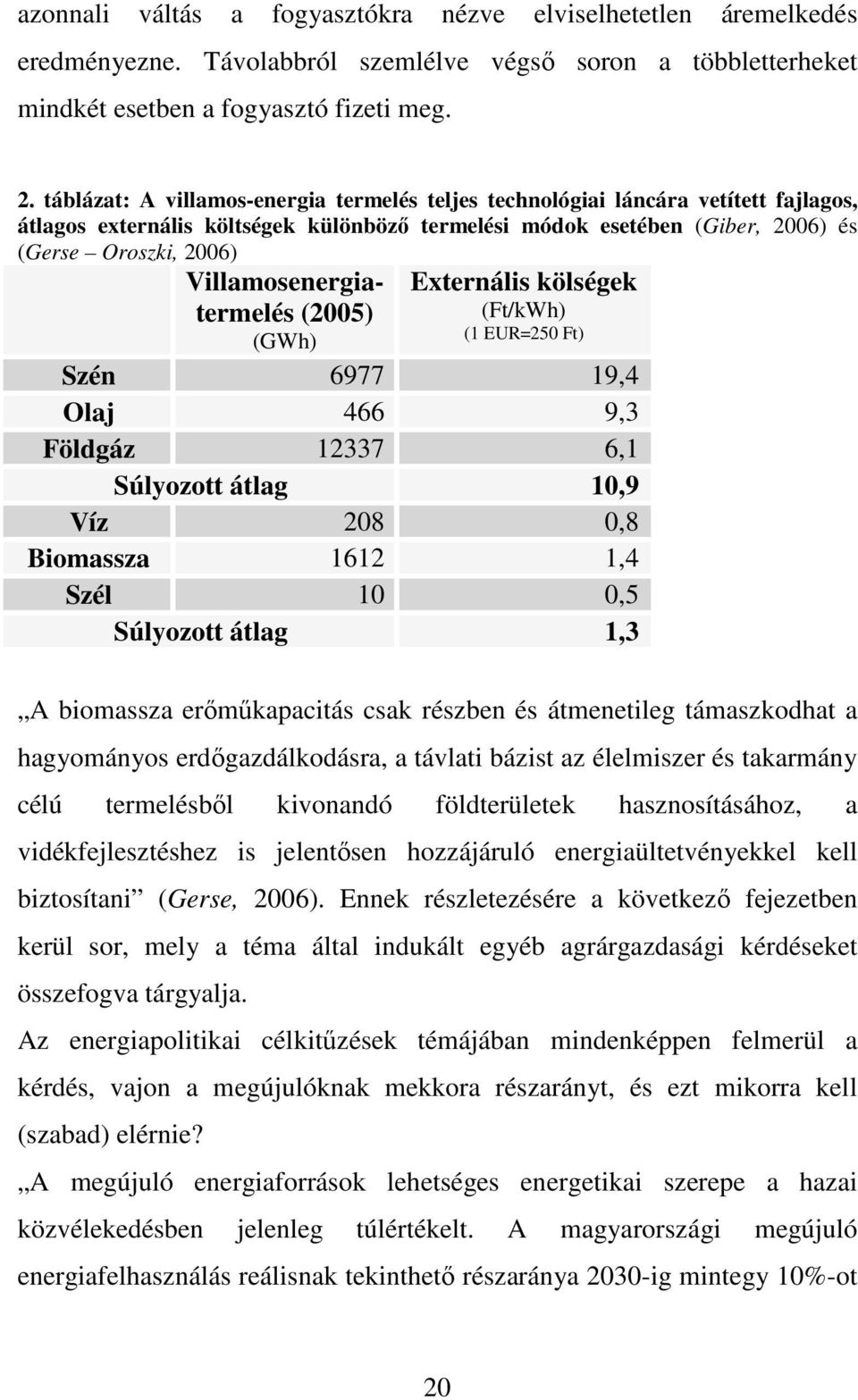 Villamosenergiatermelés (2005) (GWh) Externális kölségek (Ft/kWh) (1 EUR=250 Ft) Szén 6977 19,4 Olaj 466 9,3 Földgáz 12337 6,1 Súlyozott átlag 10,9 Víz 208 0,8 Biomassza 1612 1,4 Szél 10 0,5