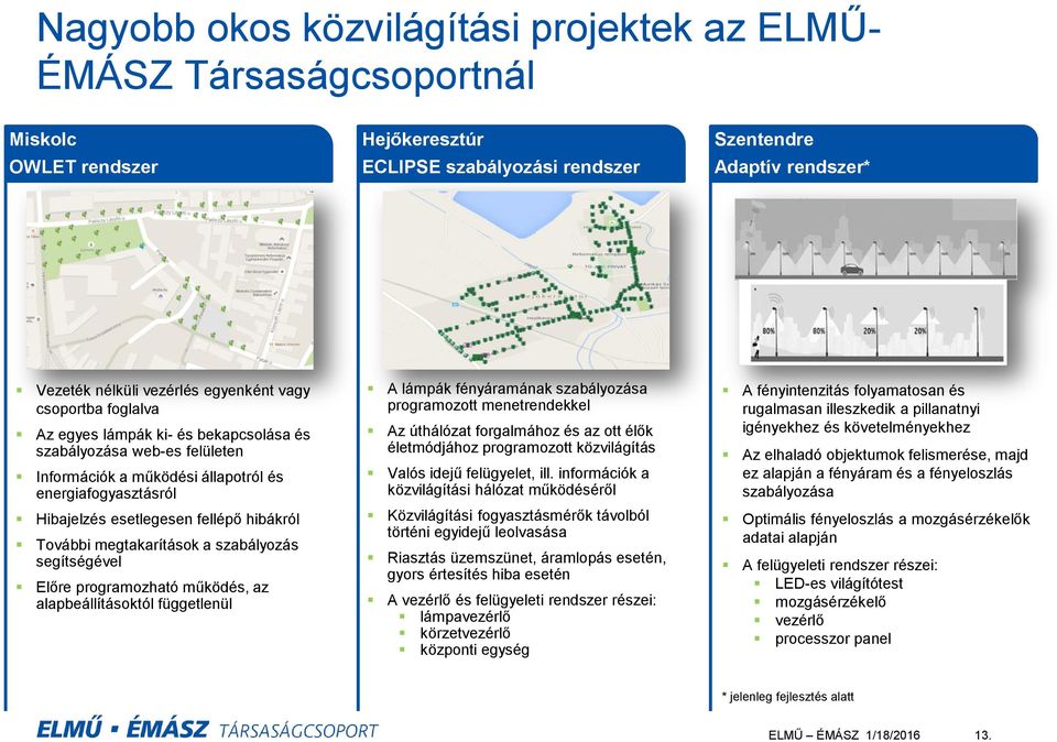 hibákról További megtakarítások a szabályozás segítségével Előre programozható működés, az alapbeállításoktól függetlenül A lámpák fényáramának szabályozása programozott menetrendekkel Az úthálózat
