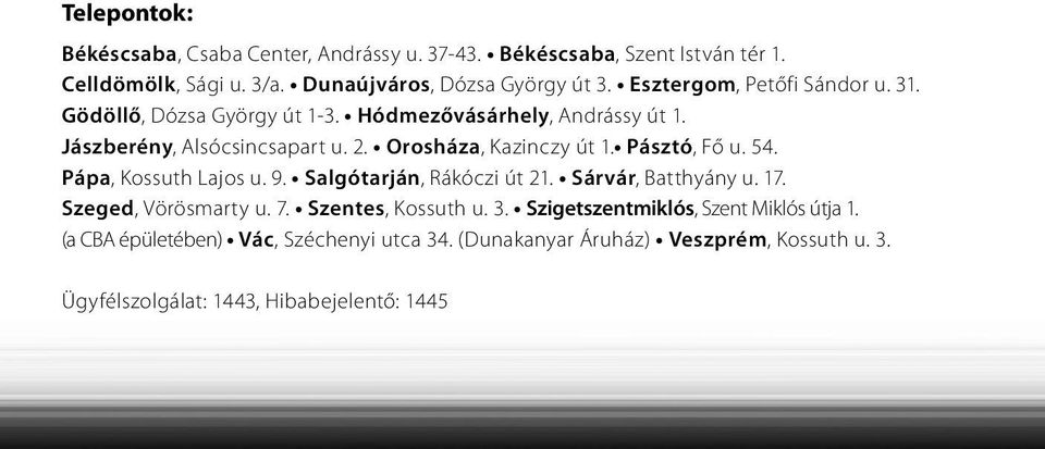 Pásztó, Fő u. 54. Pápa, Kossuth Lajos u. 9. Salgótarján, Rákóczi út 21. Sárvár, Batthyány u. 17. Szeged, Vörösmarty u. 7. Szentes, Kossuth u. 3.