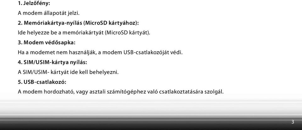 Modem védősapka: Ha a modemet nem használják, a modem USB-csatlakozóját védi. 4.