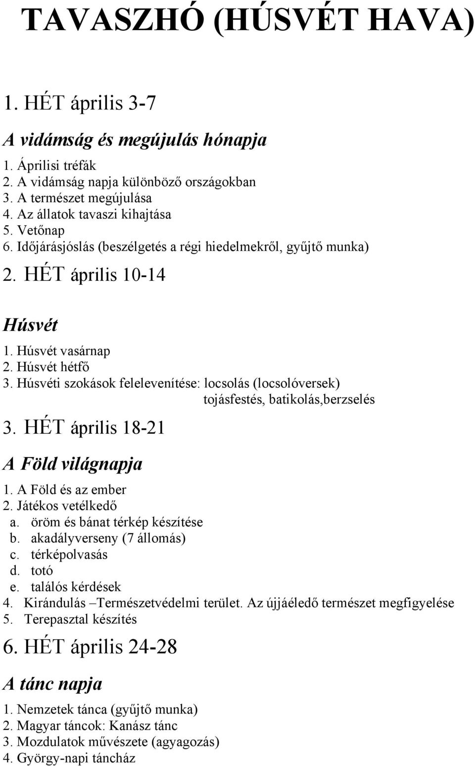 Húsvéti szokások felelevenítése: locsolás (locsolóversek) tojásfestés, batikolás,berzselés 3. HÉT április 18-21 A Föld világnapja 1. A Föld és az ember 2. Játékos vetélkedő a.