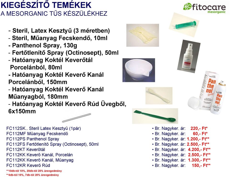 . Steril Latex Kesztyű (1pár) FC112MF Műanyag Fecskendő FC112PS Panthenol Spray FC112FS Fertőtlenítő Spray (Octinosept), 50ml FC112KT Keverőtál FC112KK Keverő Kanál, Porcelán FC112KK Keverő Kanál,