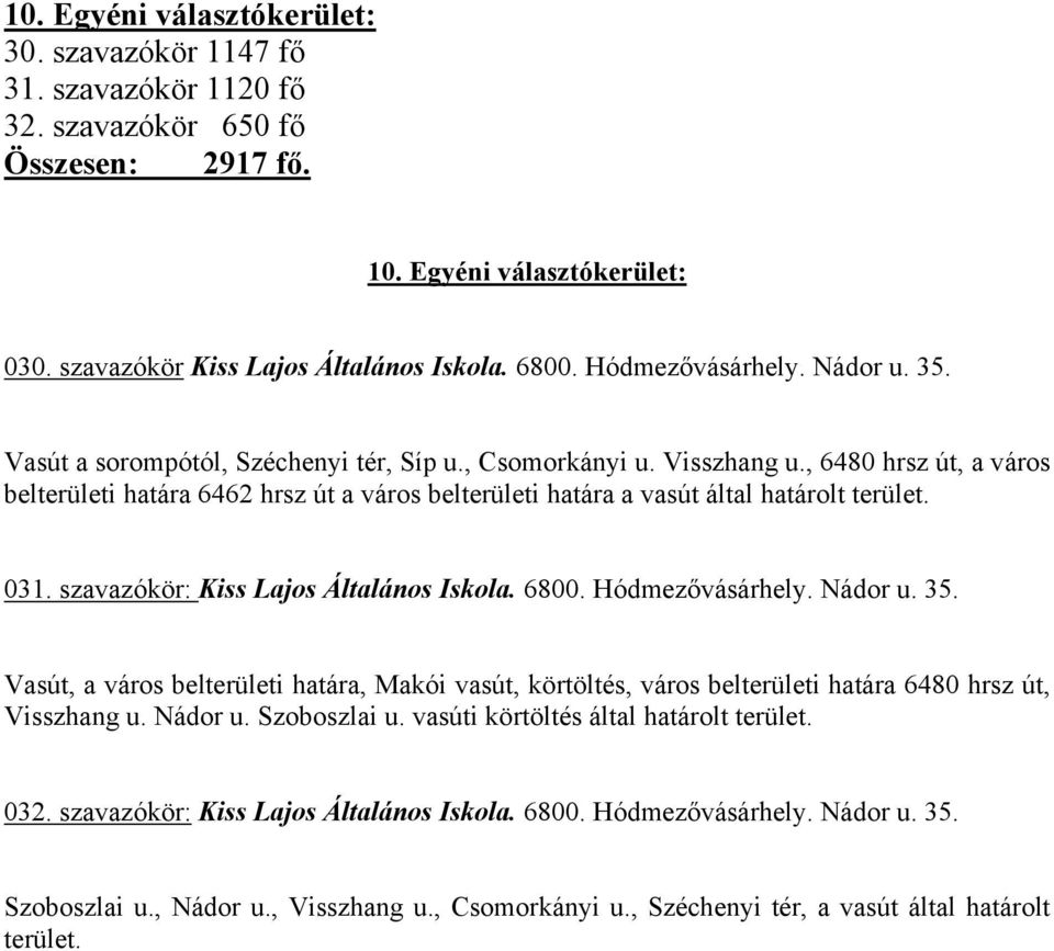 , 6480 hrsz út, a város belterületi határa 6462 hrsz út a város belterületi határa a vasút által határolt terület. 031. szavazókör: Kiss Lajos Általános Iskola. 6800. Hódmezővásárhely. Nádor u. 35.