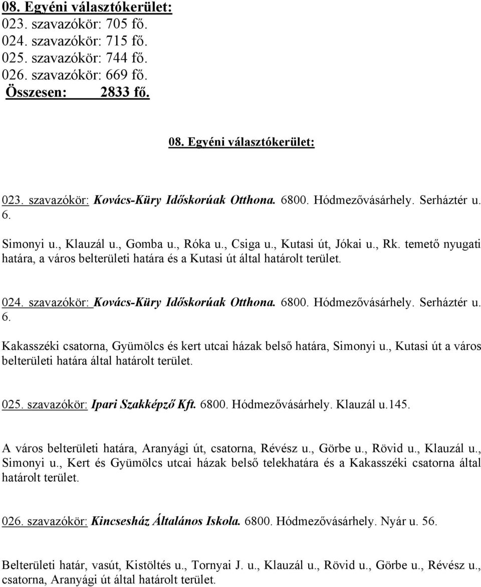 temető nyugati határa, a város belterületi határa és a Kutasi út által határolt terület. 024. szavazókör: Kovács-Küry Időskorúak Otthona. 68