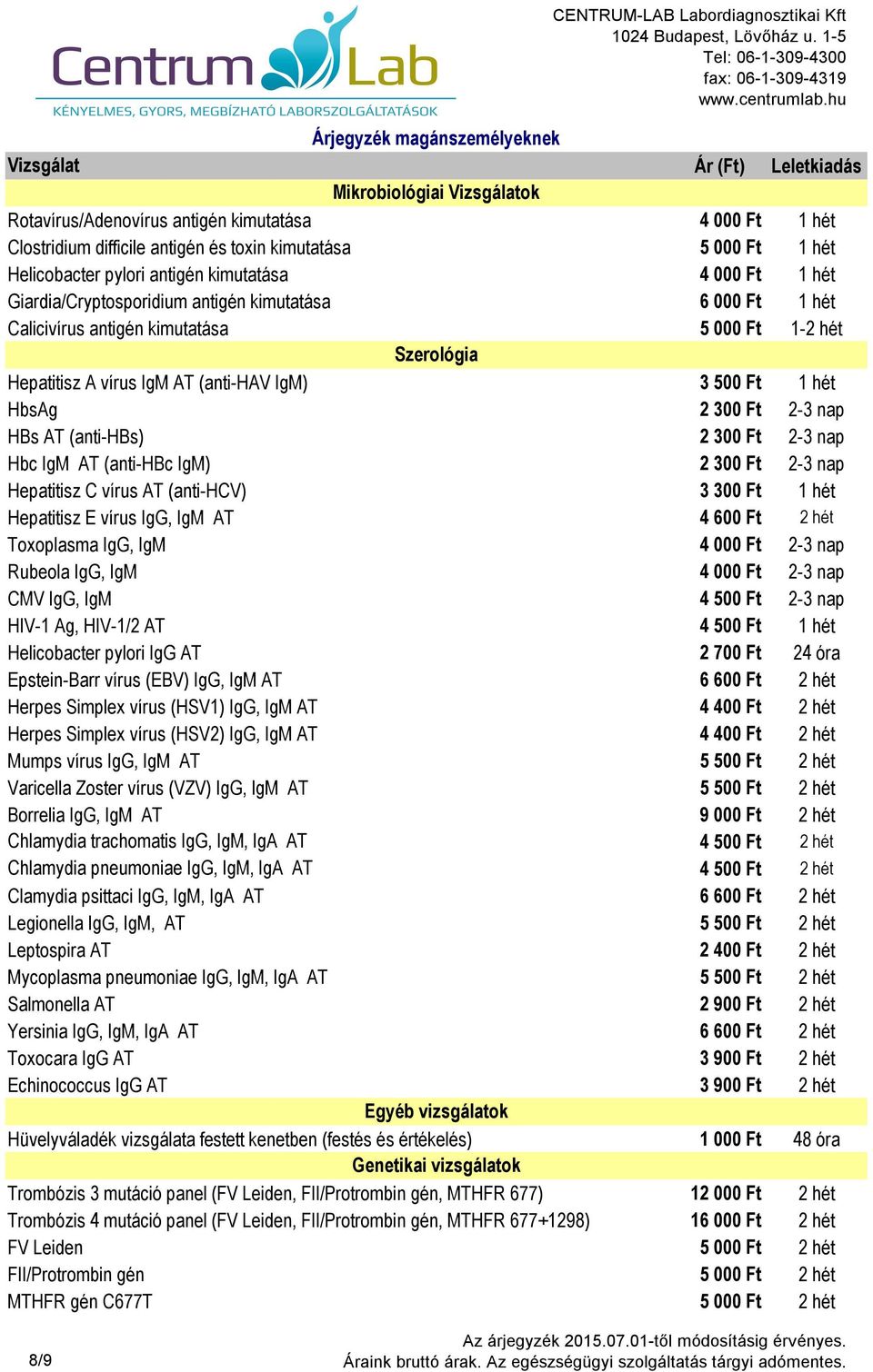 HBs AT (anti-hbs) 2 300 Ft 2-3 nap Hbc IgM AT (anti-hbc IgM) 2 300 Ft 2-3 nap Hepatitisz C vírus AT (anti-hcv) 3 300 Ft 1 hét Hepatitisz E vírus IgG, IgM AT 4 600 Ft 2 hét Toxoplasma IgG, IgM 4 000