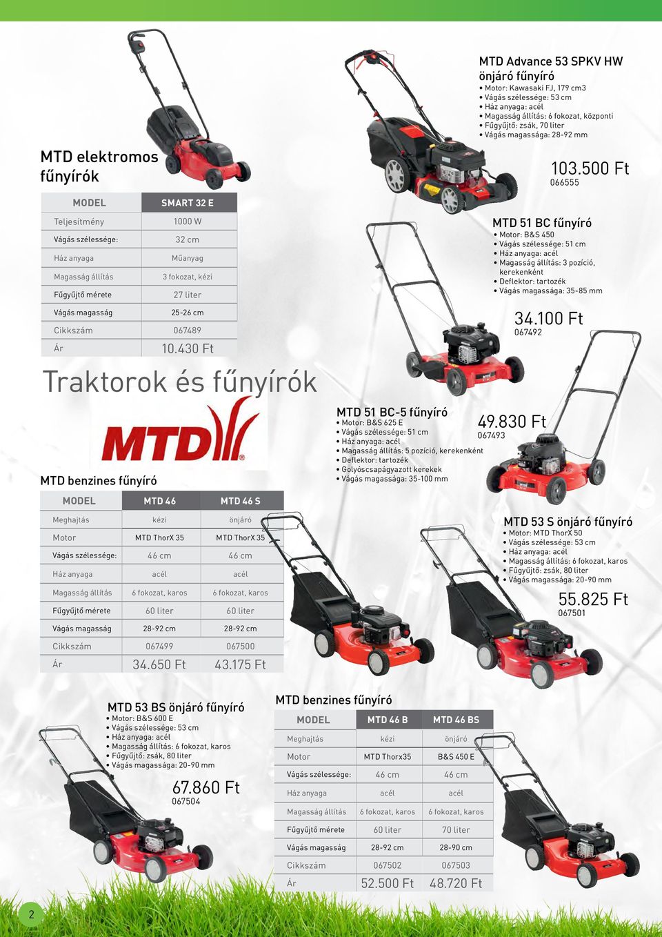 500 Ft 066555 SMART 32 E MTD 51 BC fűnyíró 1000 W Teljesítmény Motor: B&S 450 Vágás szélessége: 51 cm Ház anyaga: acél Magasság állítás: 3 pozíció, kerekenként Deflektor: tartozék Vágás magassága: