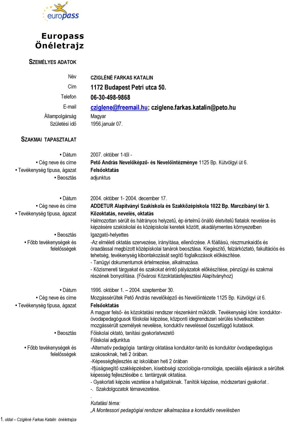 Tevékenység típusa, ágazat Felsőoktatás Beosztás adjunktus Dátum 2004. október 1-2004. december 17. Cég neve és címe ADDETUR Alapítványi Szakiskola és Szakközépiskola 1022 Bp. Marczibányi tér 3.